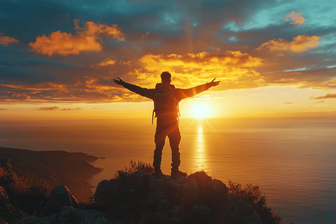 A man with arms outstretched stands atop a mountain during sunset.