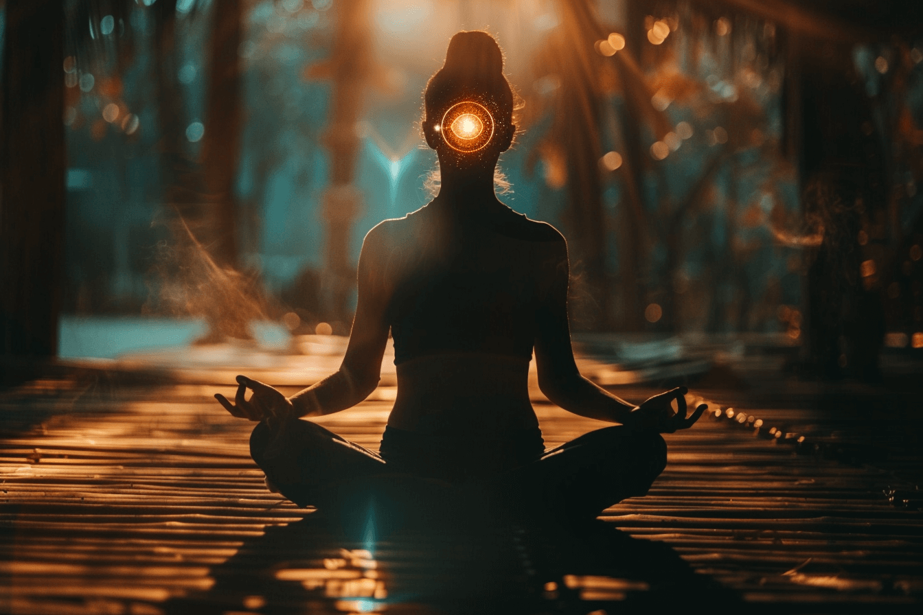 A person sits cross-legged in a meditative pose with a glowing light behind their head