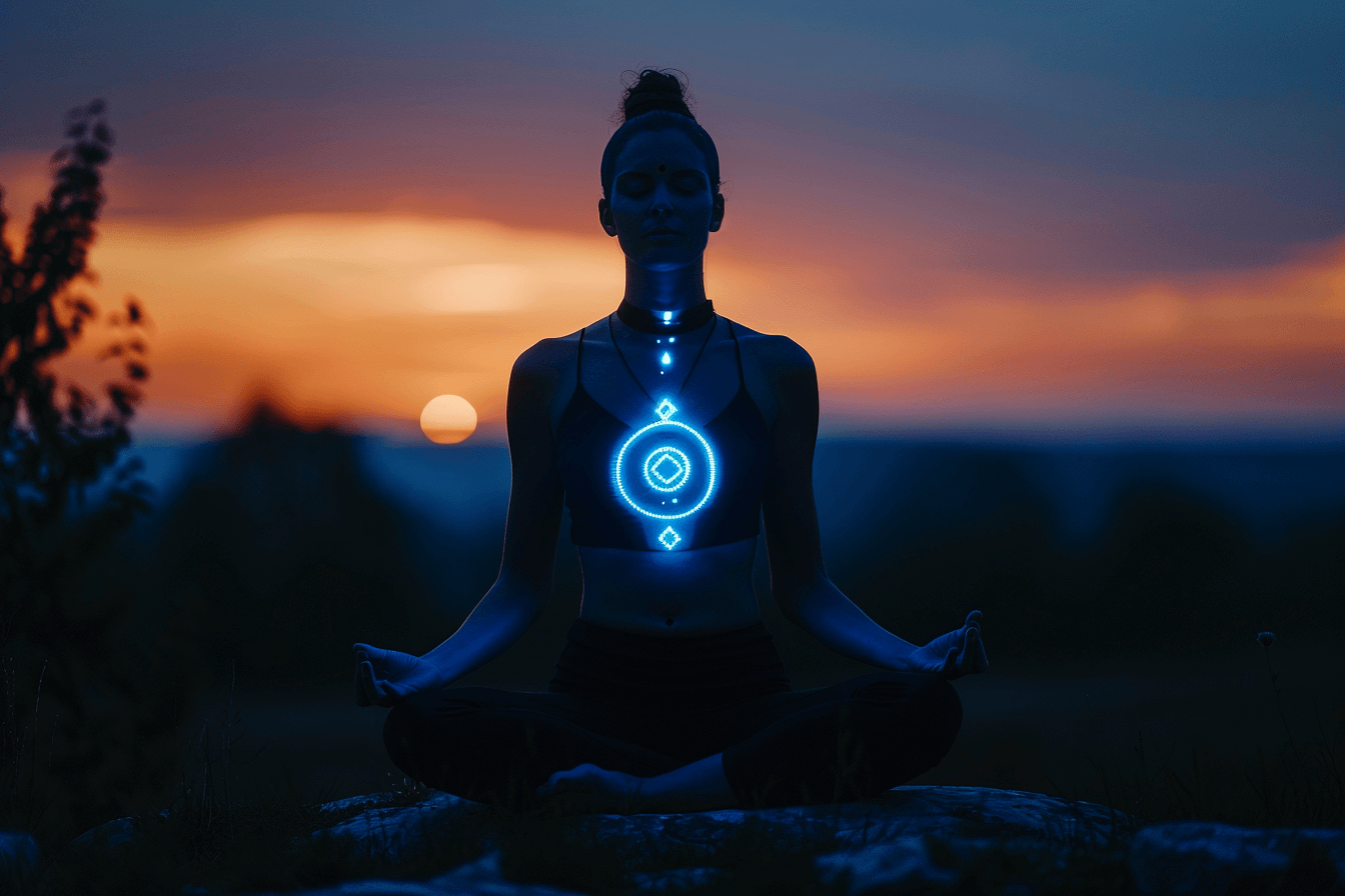 Person meditating in a cross-legged position at sunset, wearing illuminated, futuristic accessories.