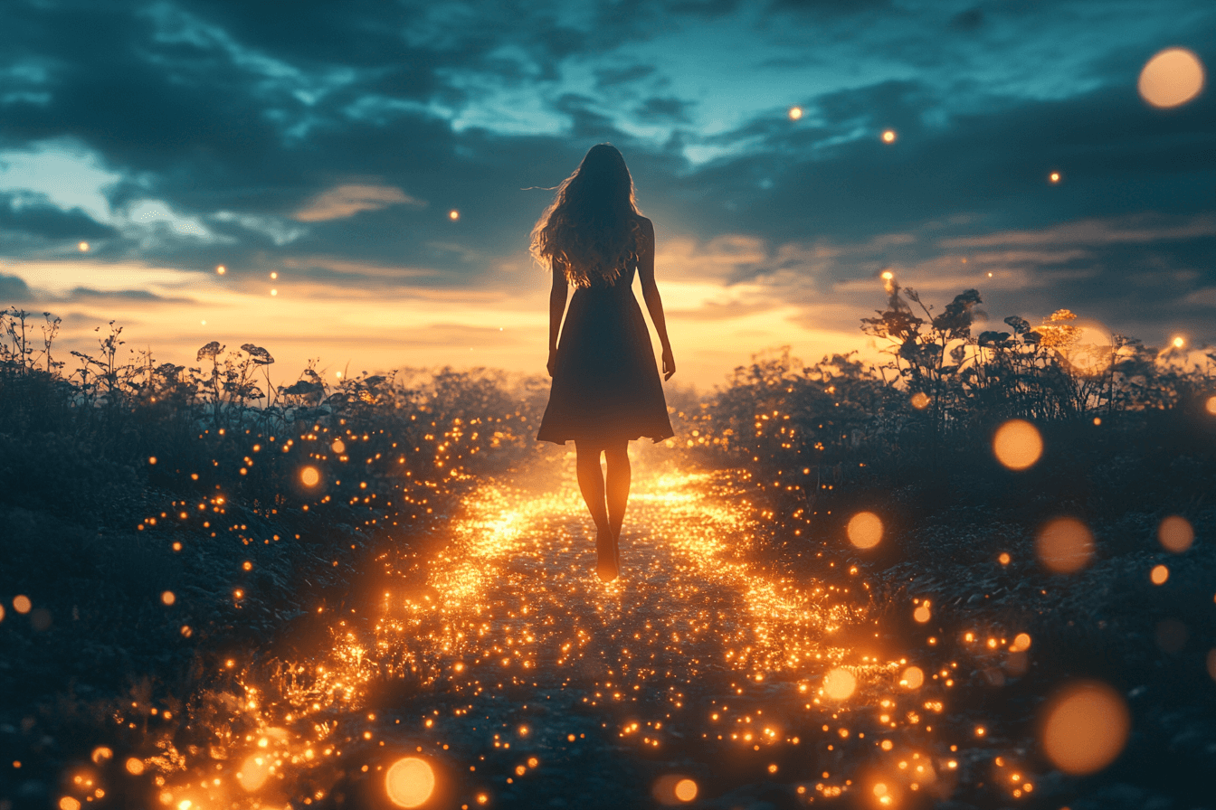 A woman with long hair walks along a glowing path while listening to positive affirmations.