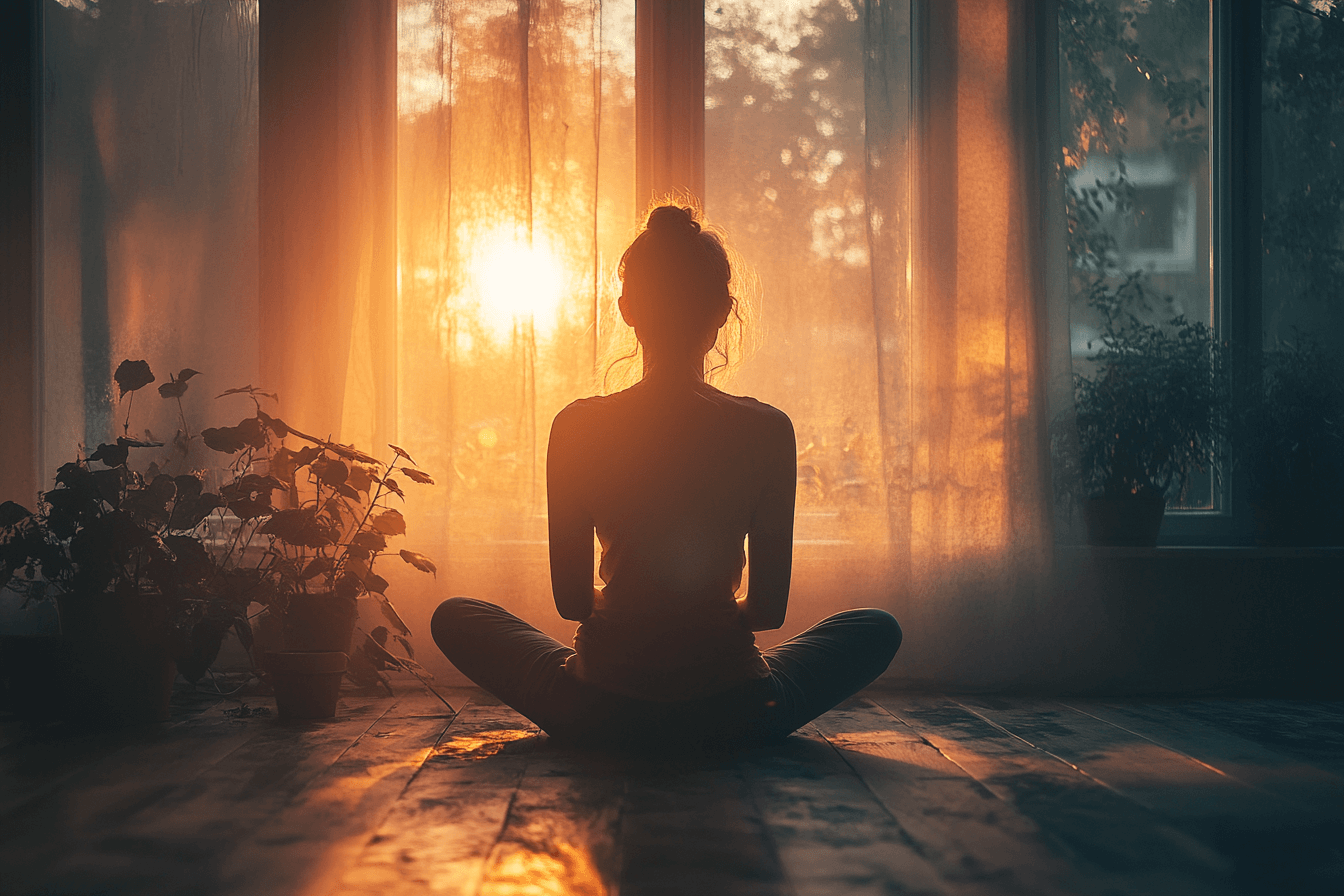 A woman meditates peacefully as the sun sets behind her, casting warm colors in the sky.