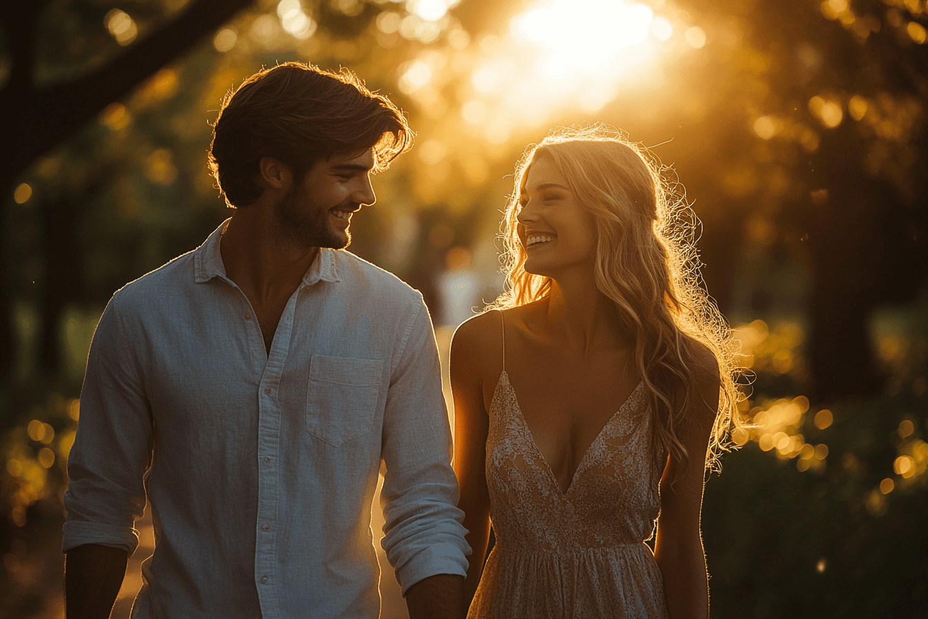 A couple strolls hand in hand through a park, enjoying the warm glow of a sunset in the background.