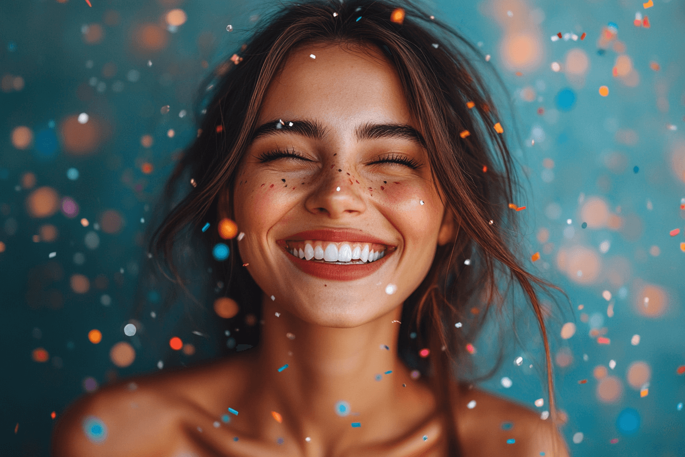 A woman with a big smile enjoys confetti falling on her face.