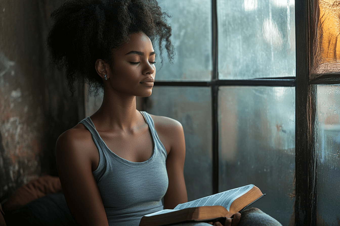 A woman sits by a window with an open Bible on her lap, eyes closed in peaceful prayer.