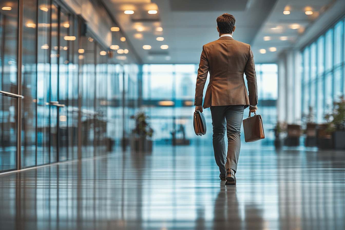 A man in a suit walks confidently through a modern office building.