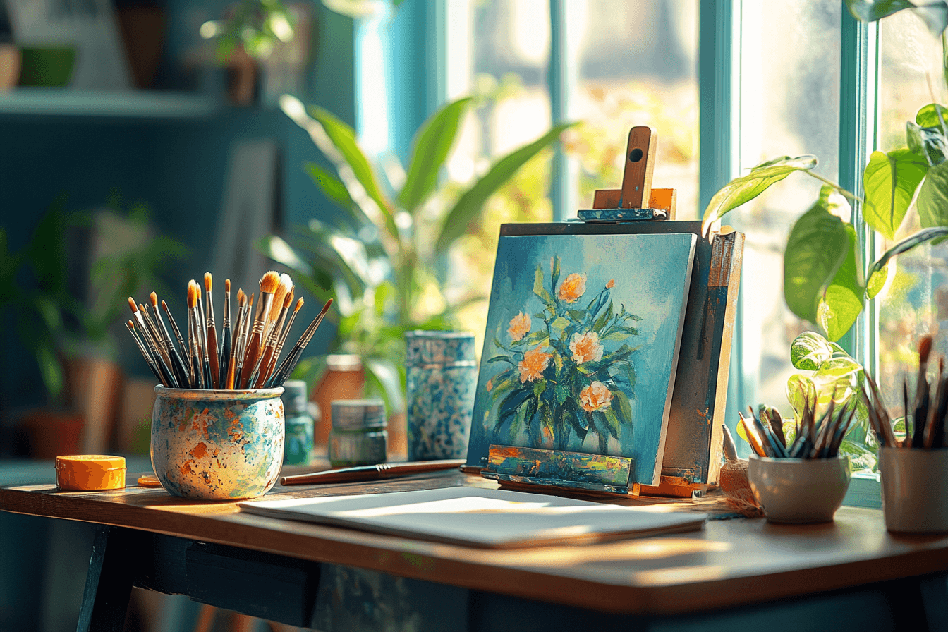 A tabletop with an artistic painting and several brushes arranged neatly beside it.