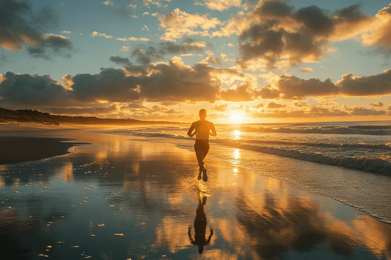 A person jogging on the shoreline at sunset, surrounded by the ocean and a colorful sky.