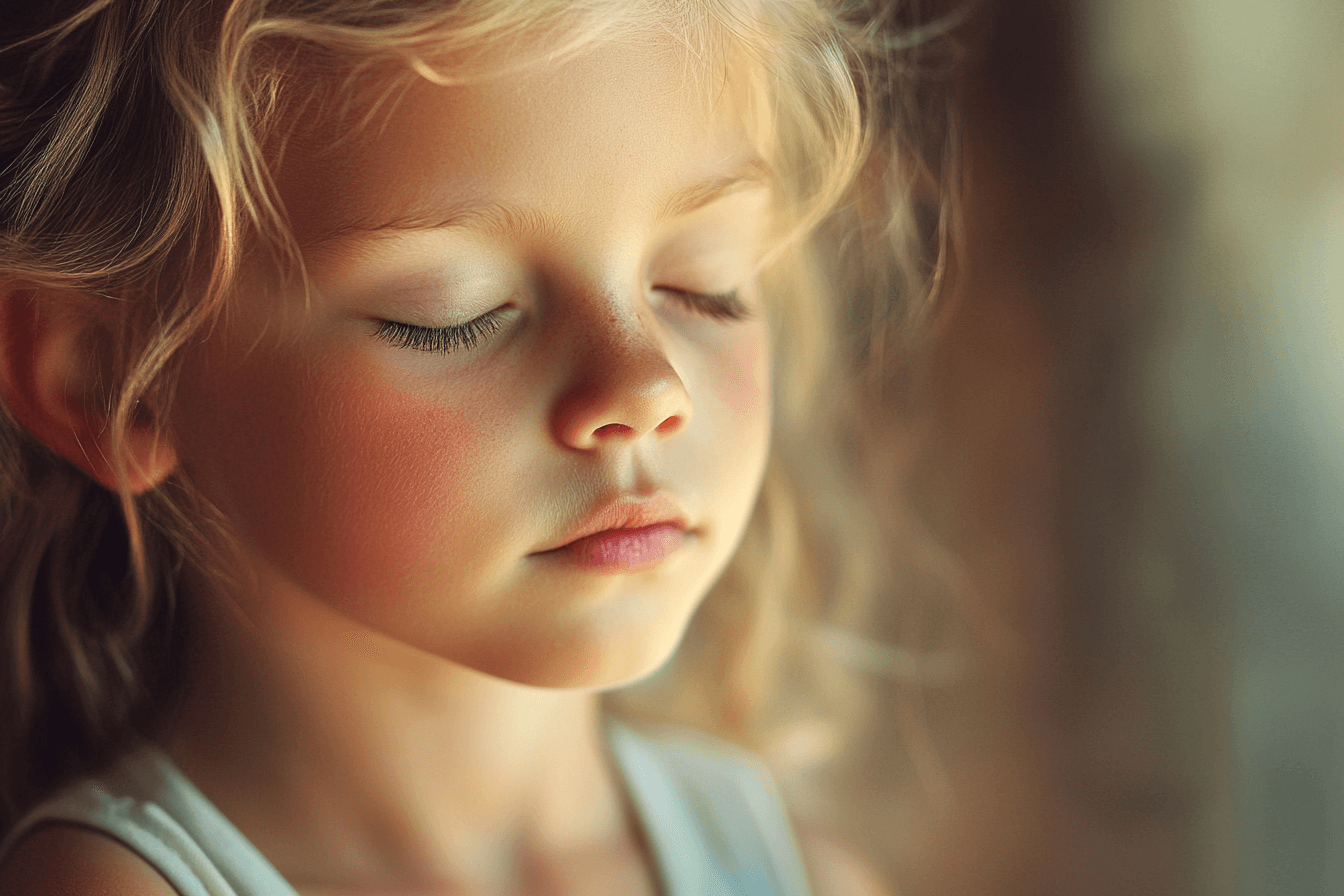 A young child with blond hair and closed eyes stands in a softly lit environment with a calm expression.