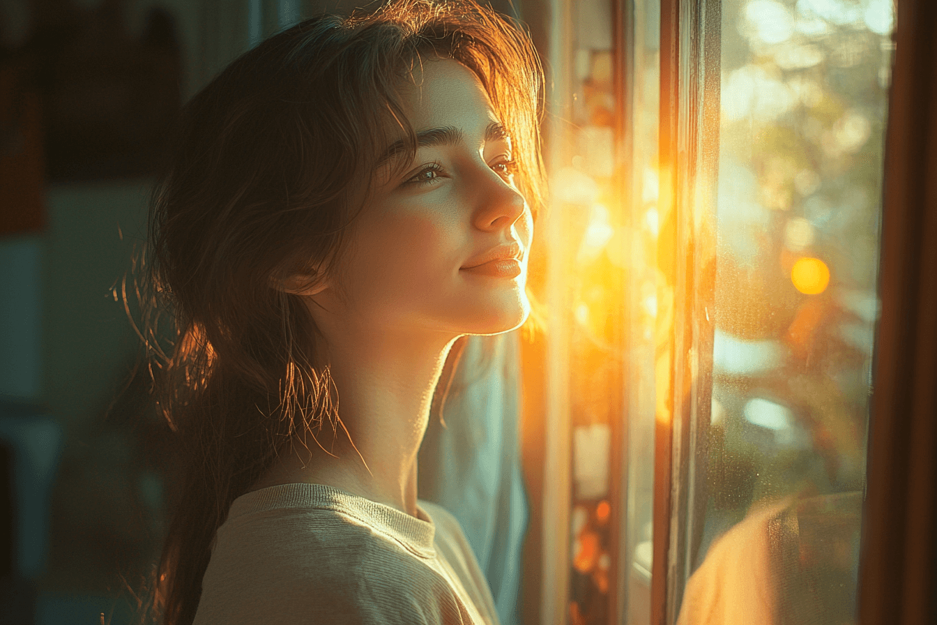 A woman stands by the window, observing the sun's rays as they illuminate her face.