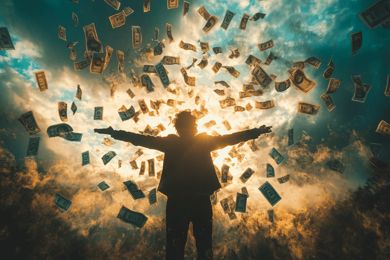 A man stands under a shower of money, expressing excitement at the sudden wealth.