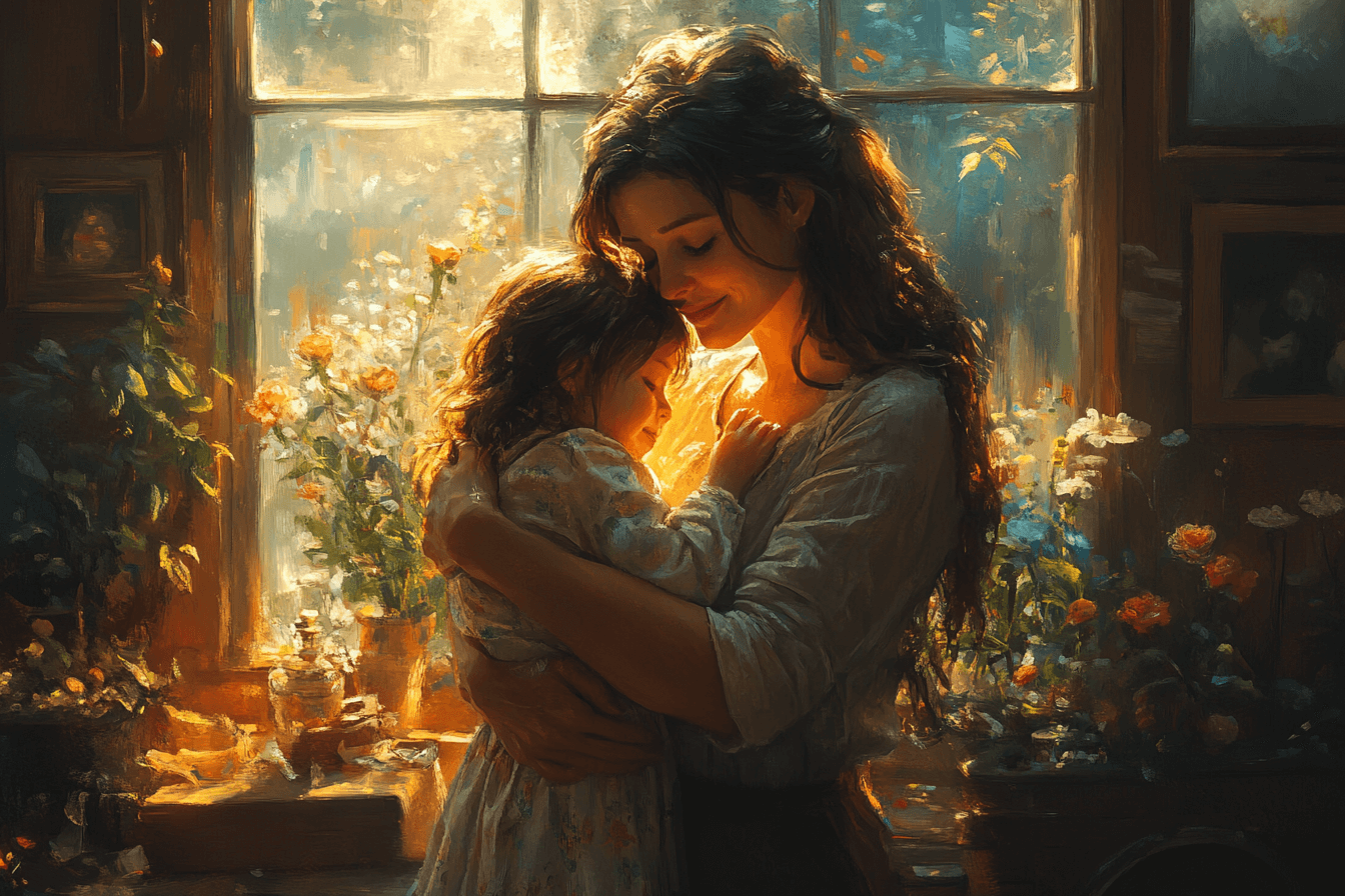 A woman lovingly holds a child in front of a window, with gentle sunlight illuminating their faces.