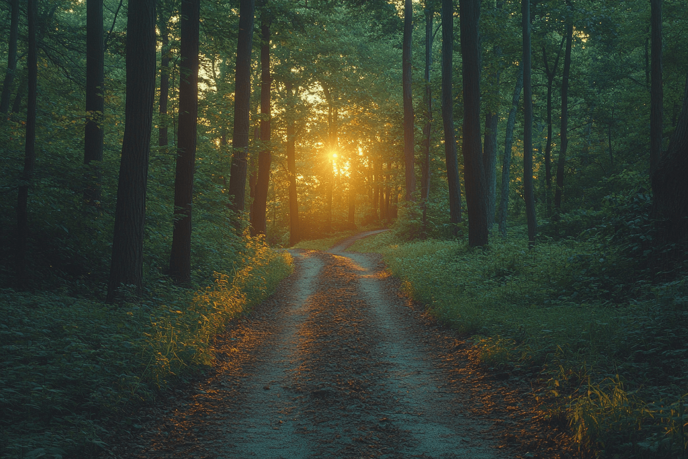 A serene dirt road in the woods, illuminated by the warm colors of a sunset.