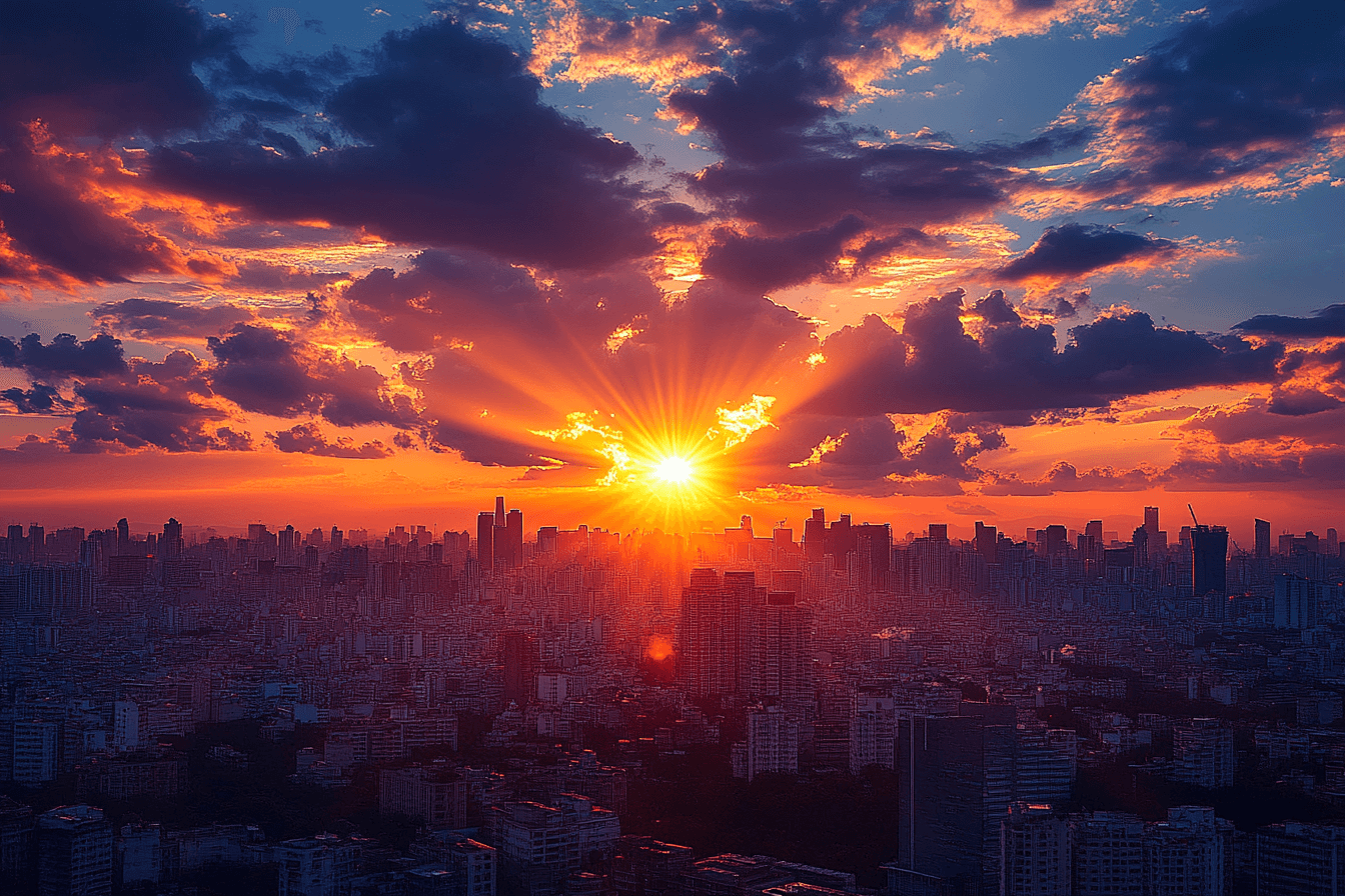 A sunrise breaking through clouds over a city skyline.