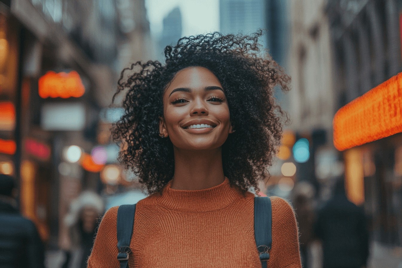 A cheerful woman with curly hair smiles in the city