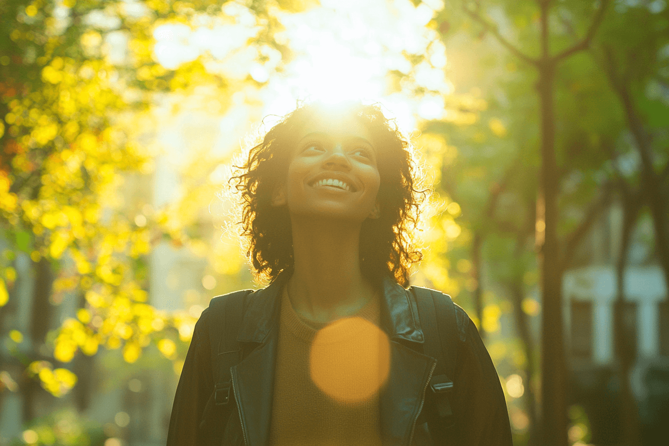 A woman with a warm smile walks leisurely in a park, surrounded by greenery and the tranquility of nature.