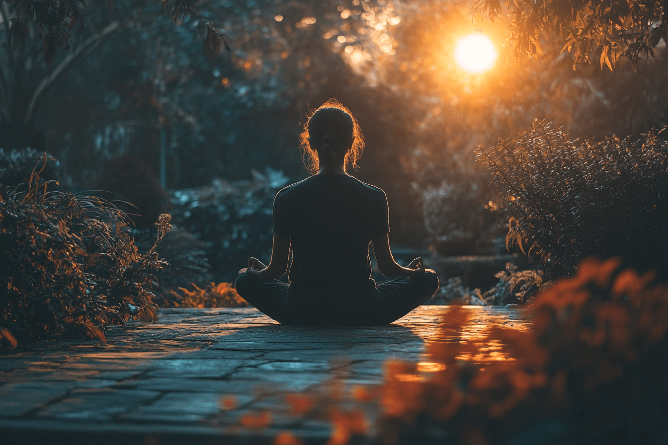 A woman sits cross-legged, meditating peacefully in the warm sunlight, surrounded by nature.