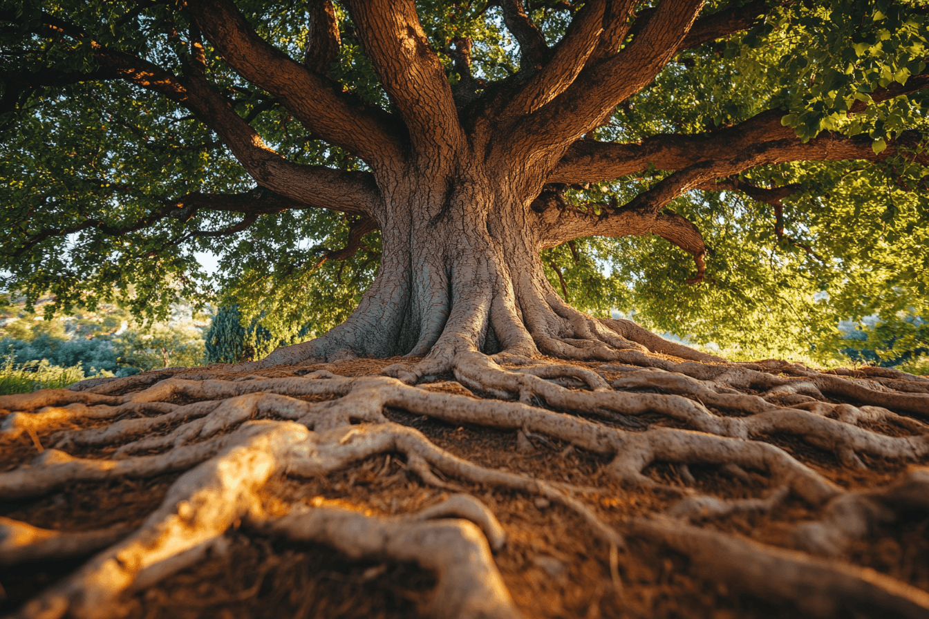 The strong roots of a large tree, intertwining and digging deep into the ground.