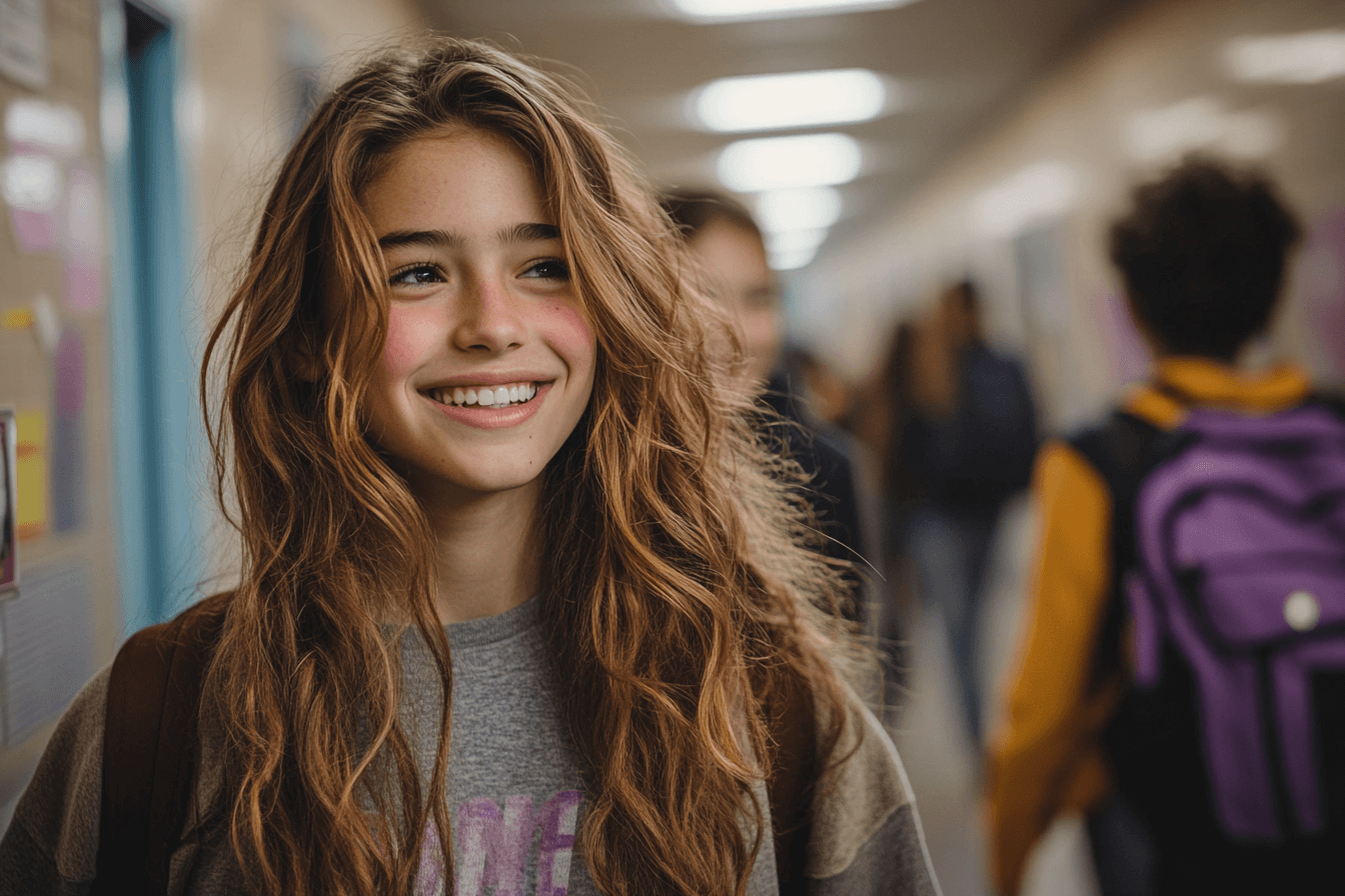 A girl smiles brightly as she walks down a hallway, radiating joy and confidence.