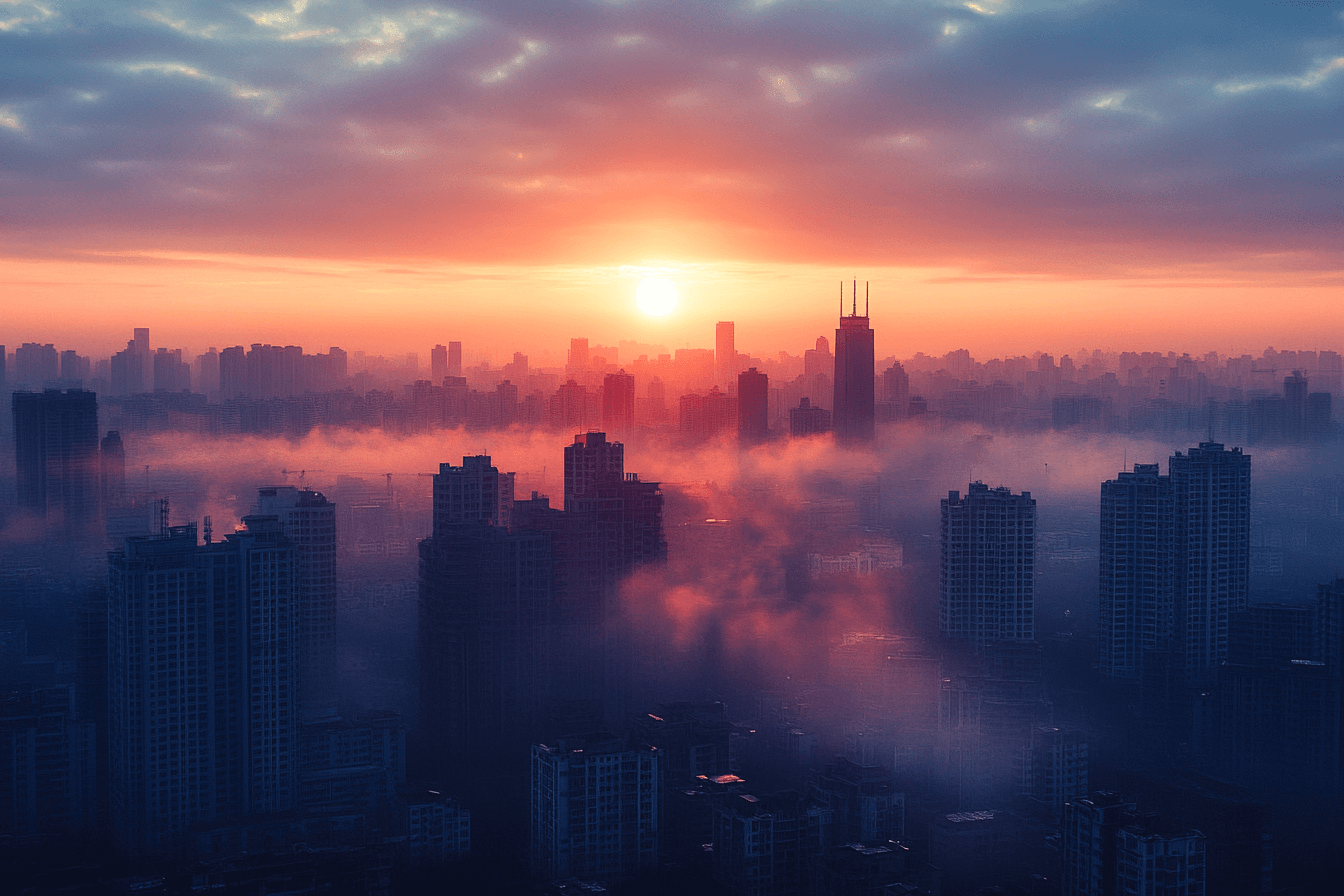 The sun rises behind a fog-covered city skyline, creating a mystical and tranquil morning view.