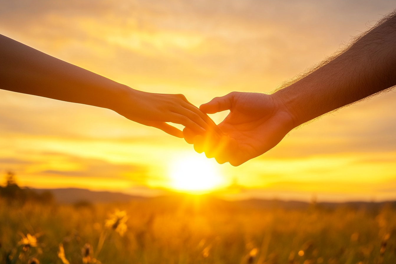 Two people hold hands against a backdrop of a golden sunset over a field.