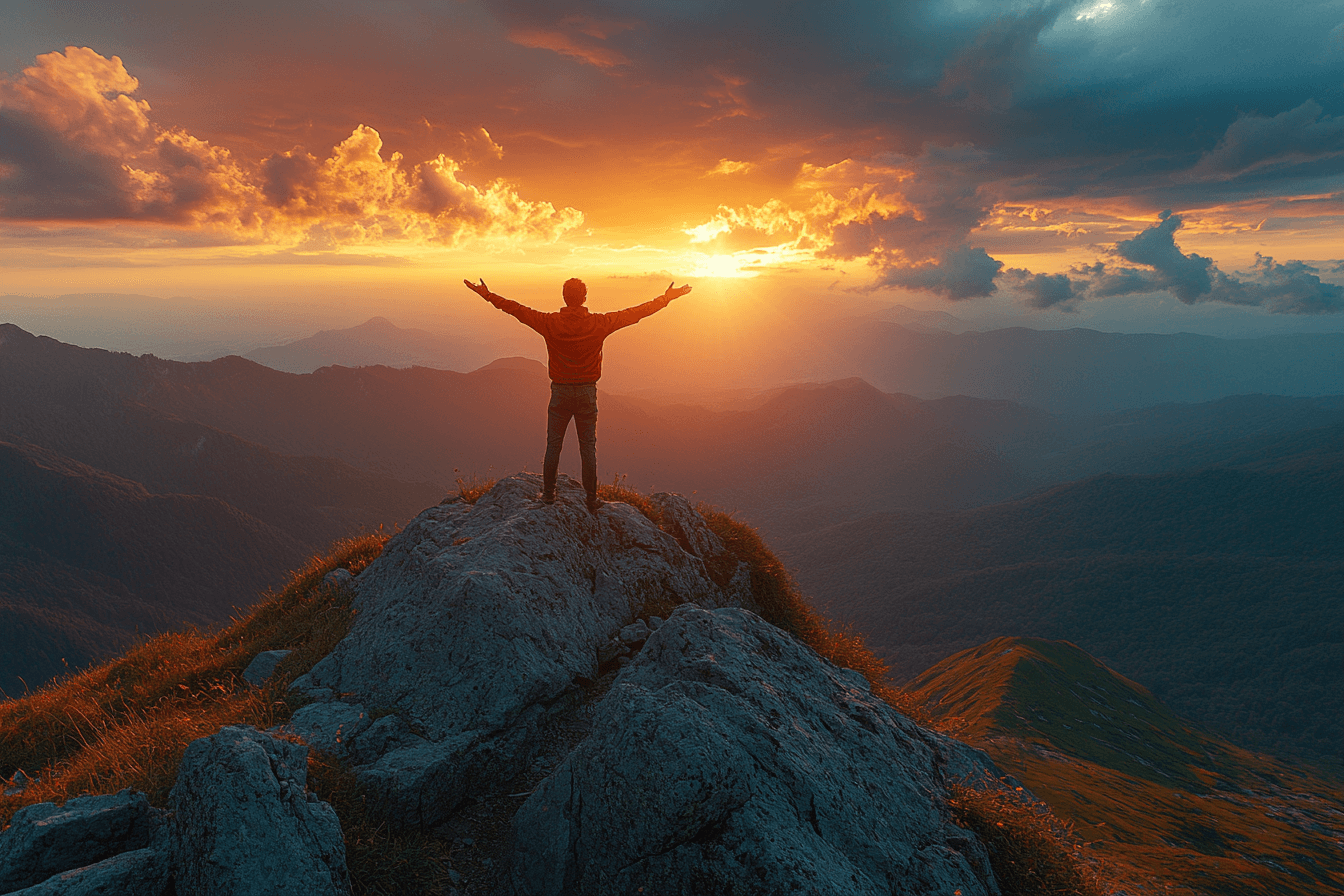 A man with outstretched arms stands on a mountain summit during sunset.