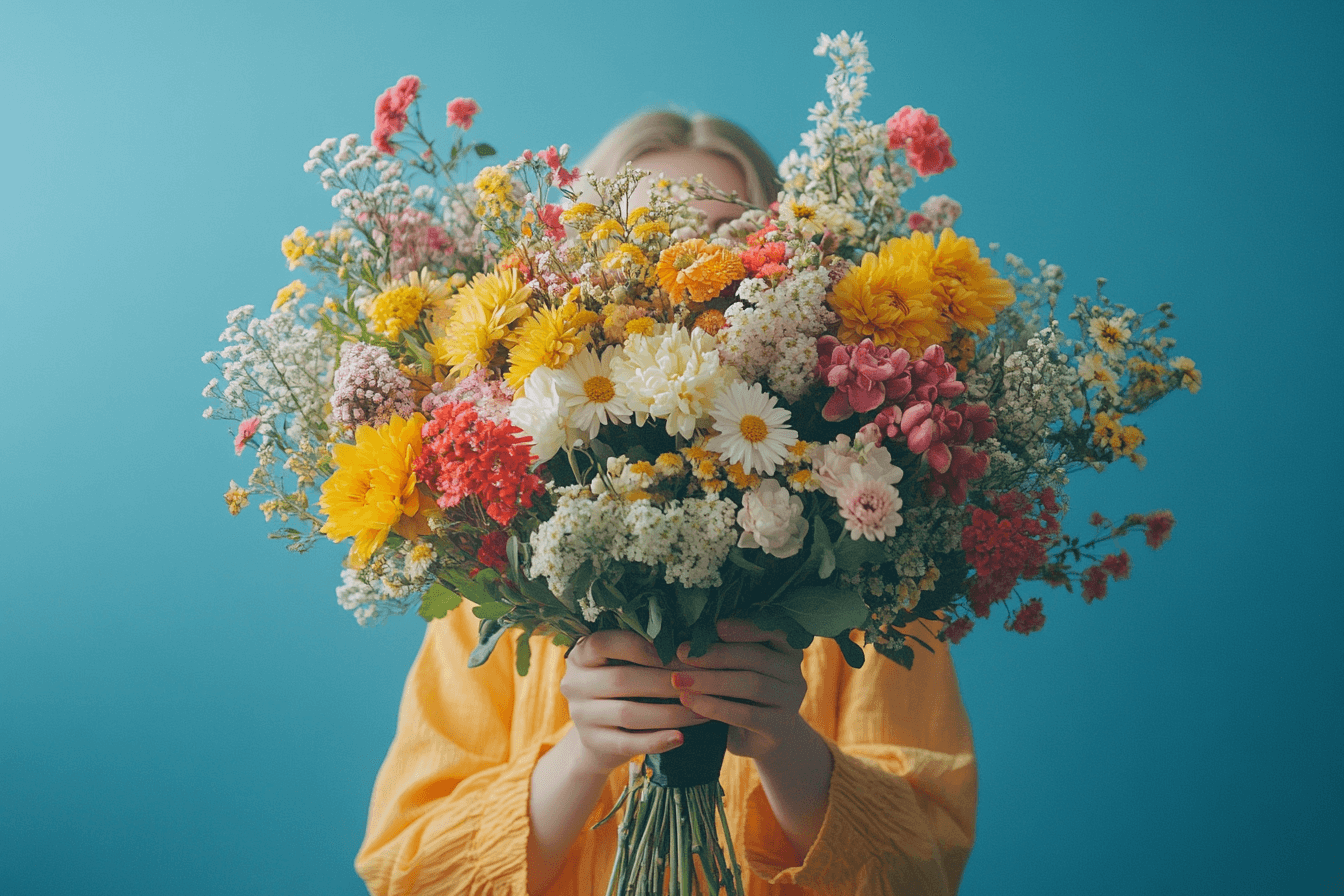 A woman smiles while holding a colorful bunch of flowers in her hands.