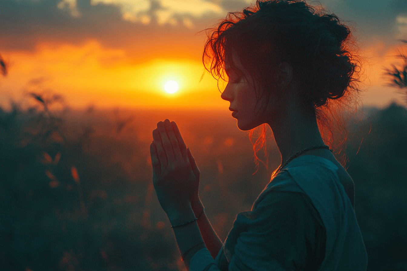 A woman in a serene pose of prayer during sunset, surrounded by a breathtaking sky painted in golden and pink tones.