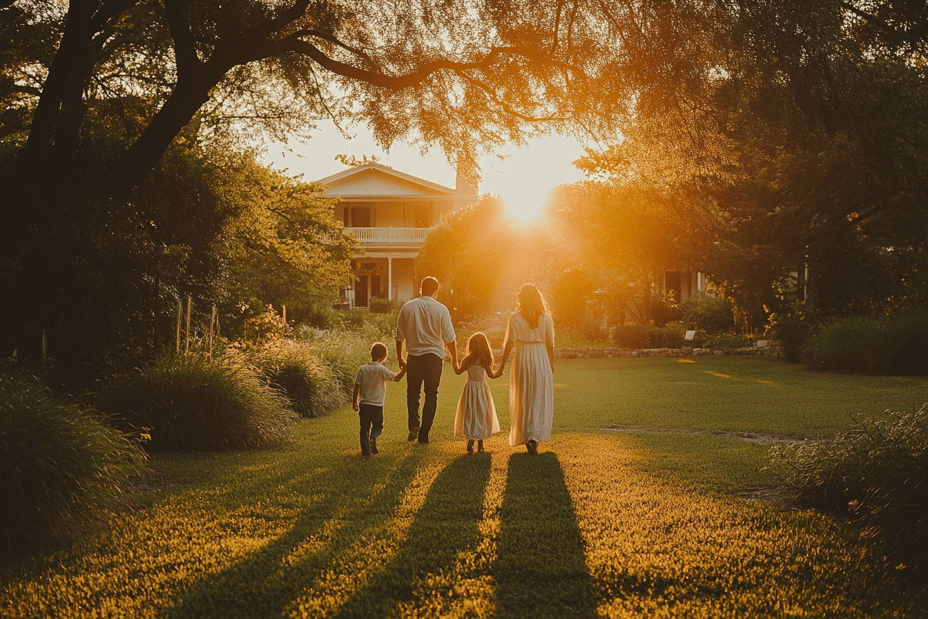  A family strolls together in a garden, enjoying the warm colors of sunset in the background.