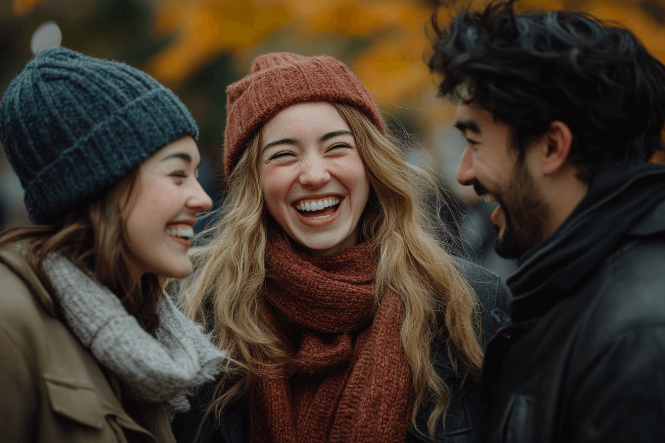 Three people, bundled in warm hats and scarves, share a laugh outside on a brisk day.