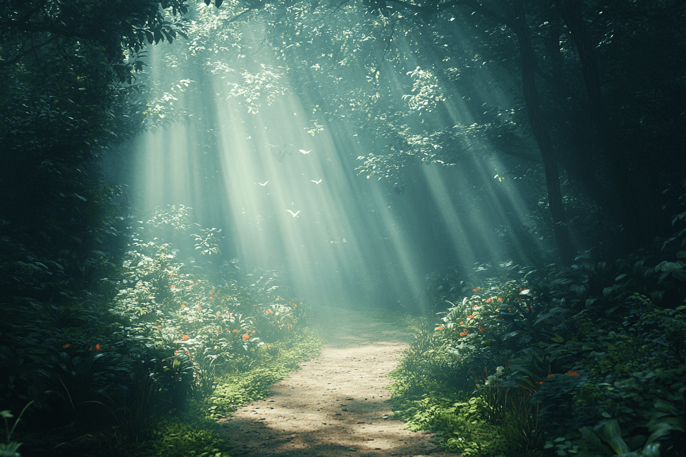 A sunlit path winding through a lush green forest, inviting exploration and tranquility.