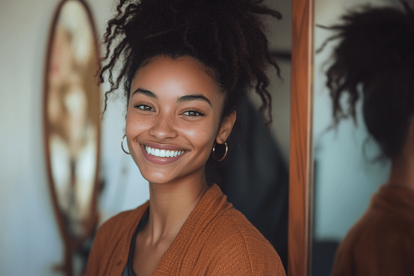 A woman with dreadlocks beams at her reflection in the mirror. 