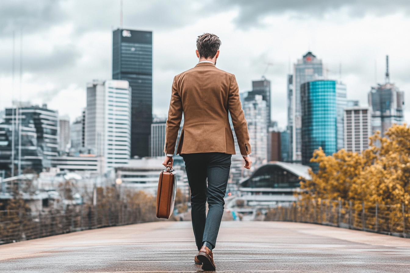 Man in a brown jacket walking on a bridge towards a city skyline, holding a briefcase.