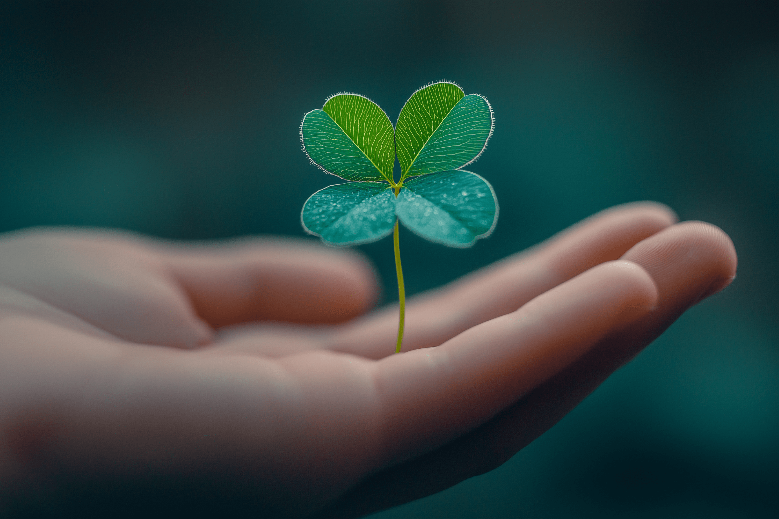 A person holds a four-leaf clover in their hand, symbolizing luck and good fortune.