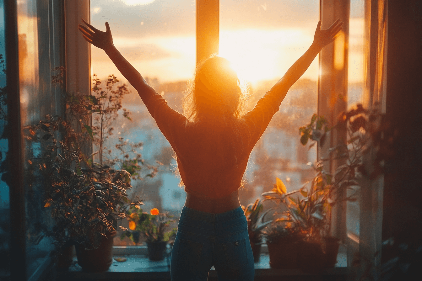 A woman with outstretched arms stands in front of a window, welcoming the sunlight and fresh air.