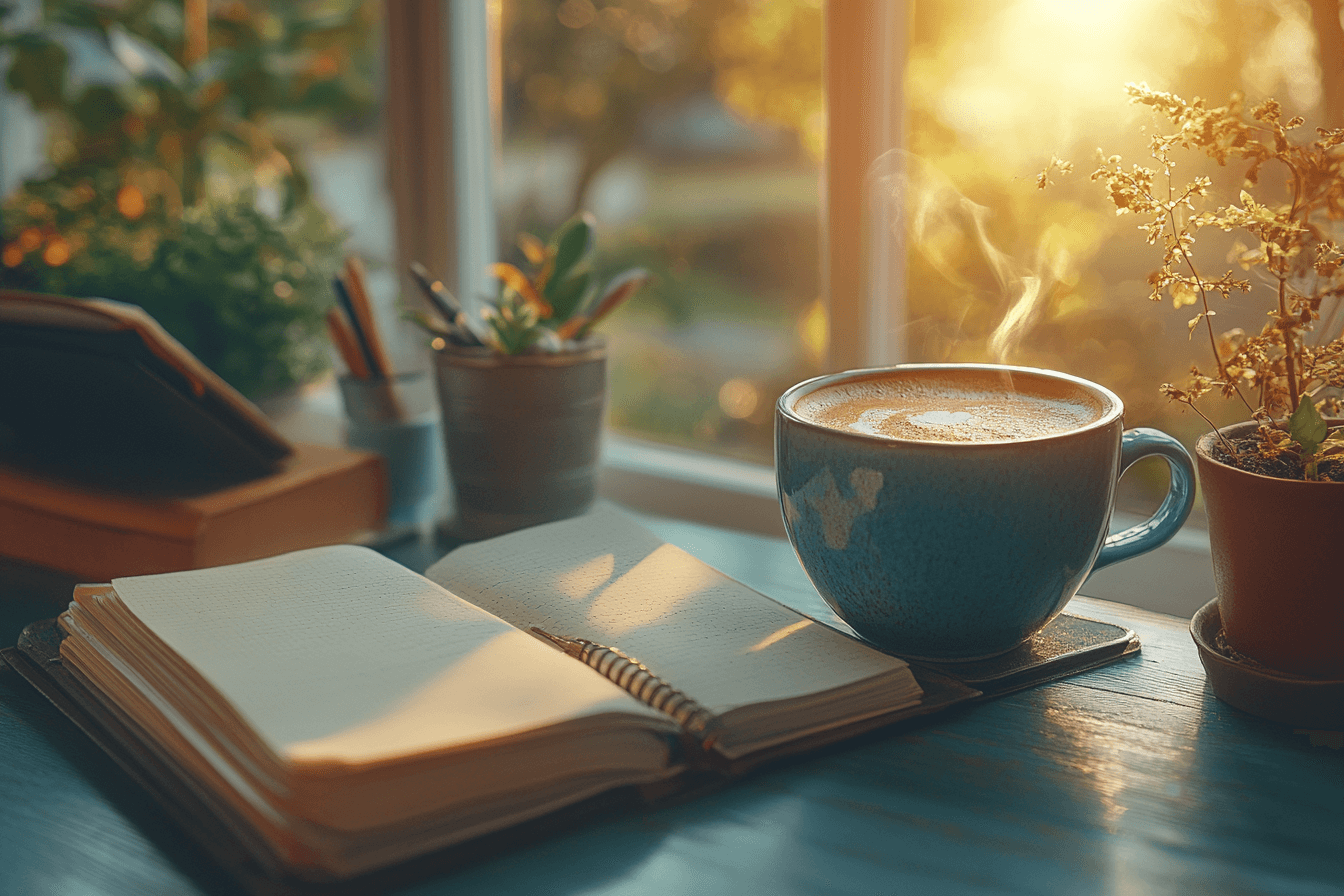 A warm coffee cup and an open notebook are placed on a window sill.