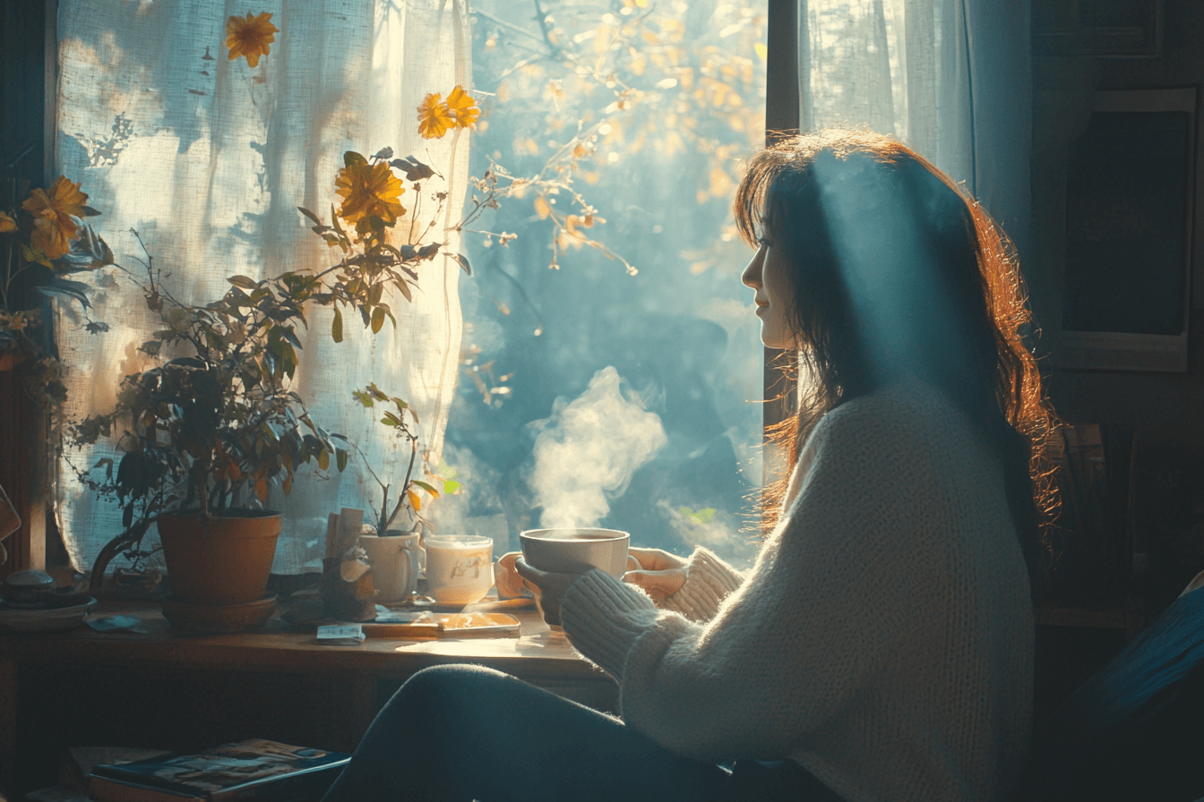 A woman sits by a window, sipping coffee, with a calm expression on her face.