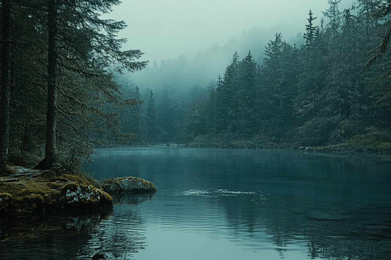 A tranquil lake is encircled by trees, with a gentle fog hovering above the water, enhancing the calm scenery.