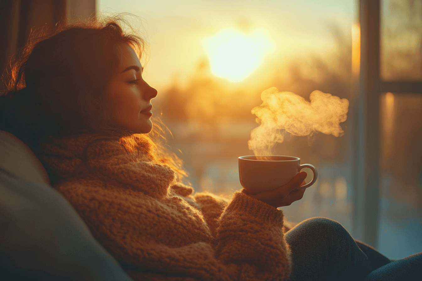 A woman on a couch holds a cup of coffee, looking comfortable and at ease in her space.