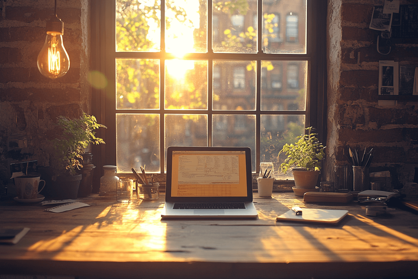  A laptop placed on a desk, with sunlight streaming through a window behind it.