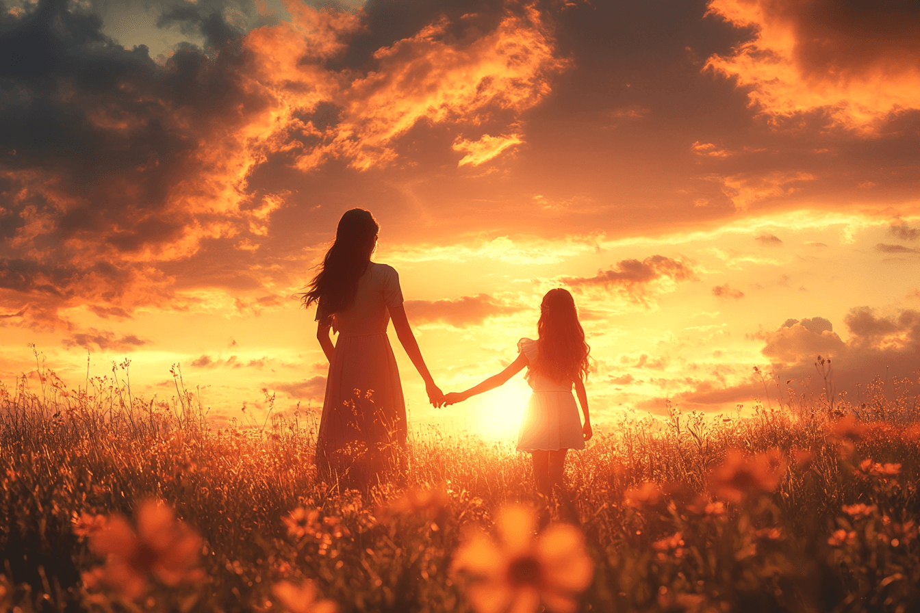 A mother and daughter hold hands in a field, enjoying a beautiful sunset together.