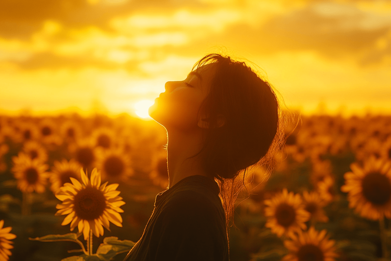 A woman stands in a sunflower field, bathed in the warm glow of a sunset, surrounded by vibrant yellow flowers.