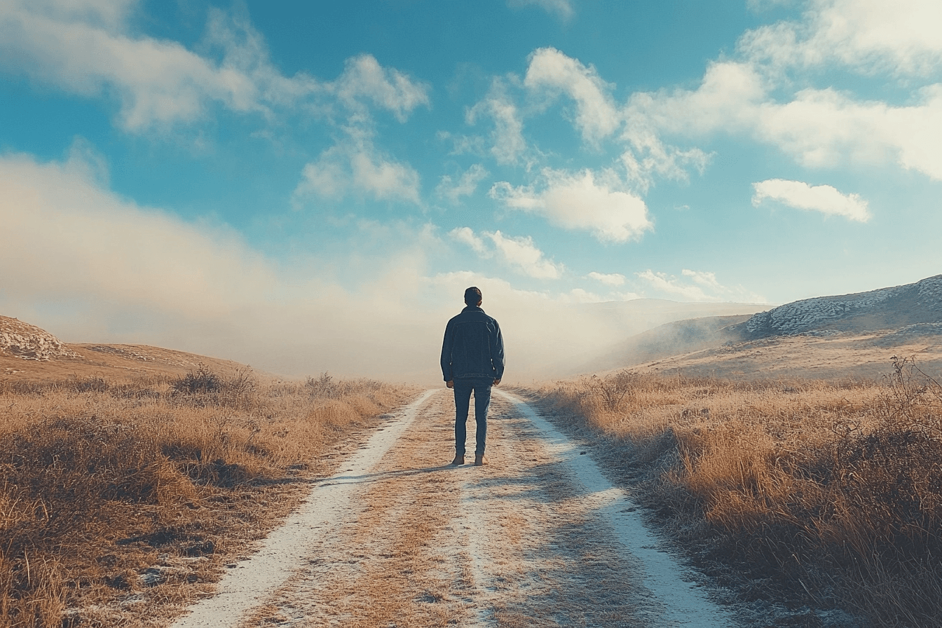 A man stands on a dirt road surrounded by a wide, open field under a clear sky.