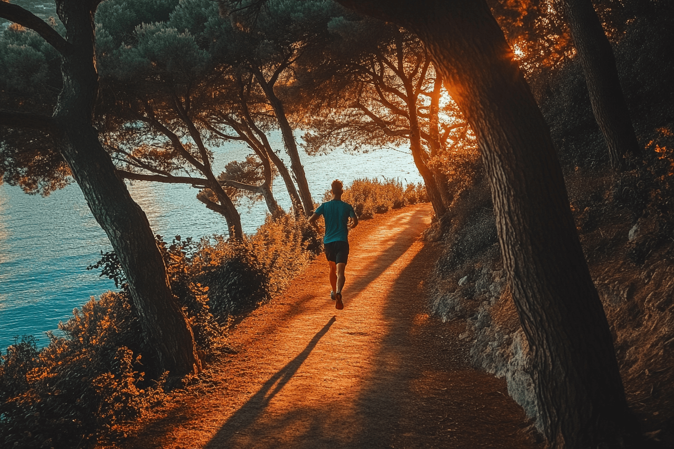 A man runs on a path next to the water, surrounded by nature and fresh air.