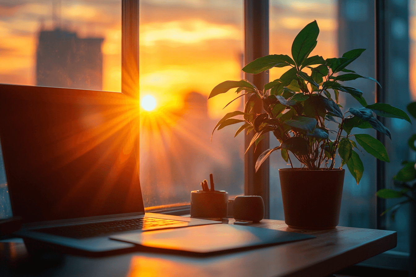 A laptop on a desk with a beautiful sunrise glowing in the background.