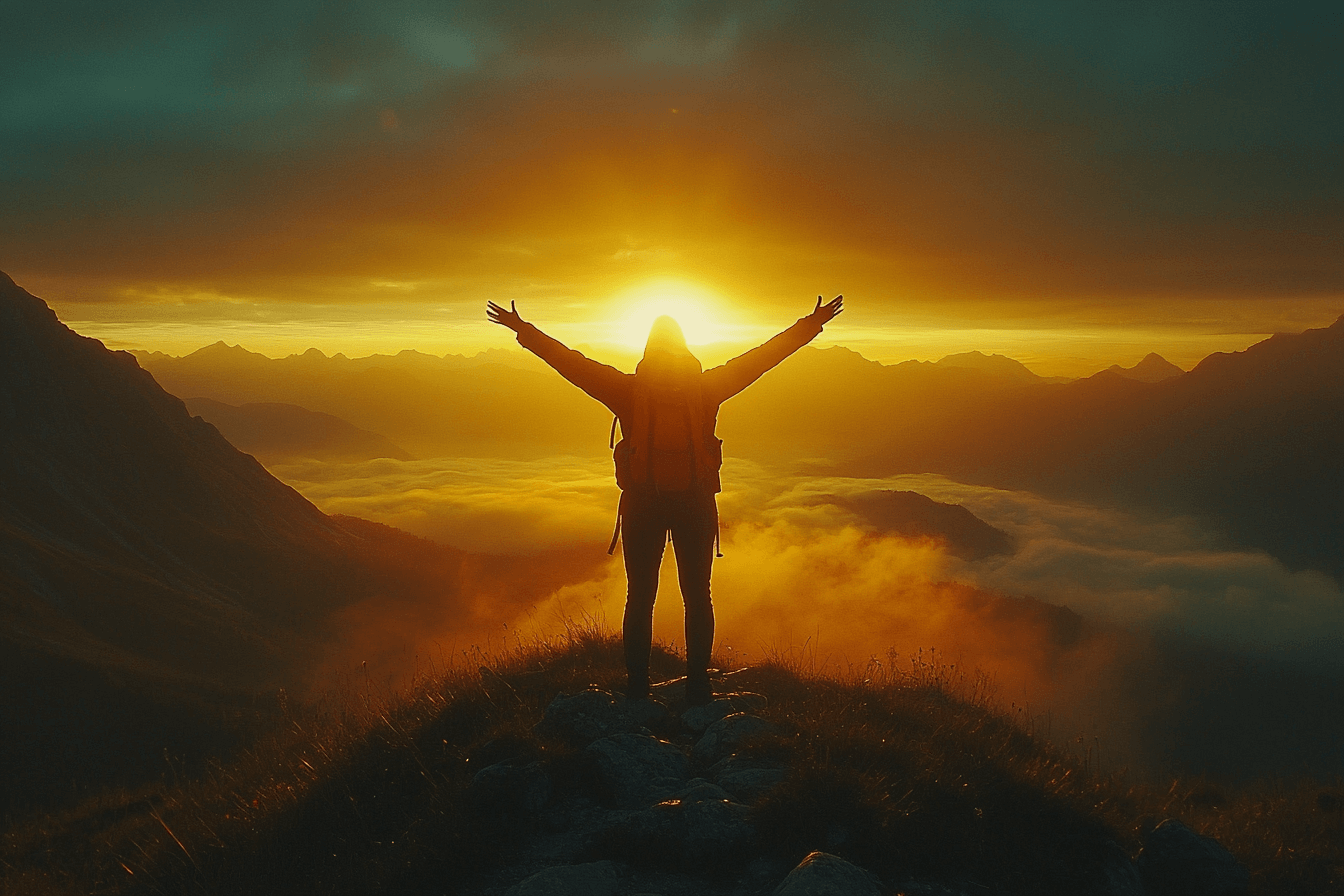 Silhouette of an individual on a mountain peak at sunset, arms wide open, celebrating the breathtaking view.