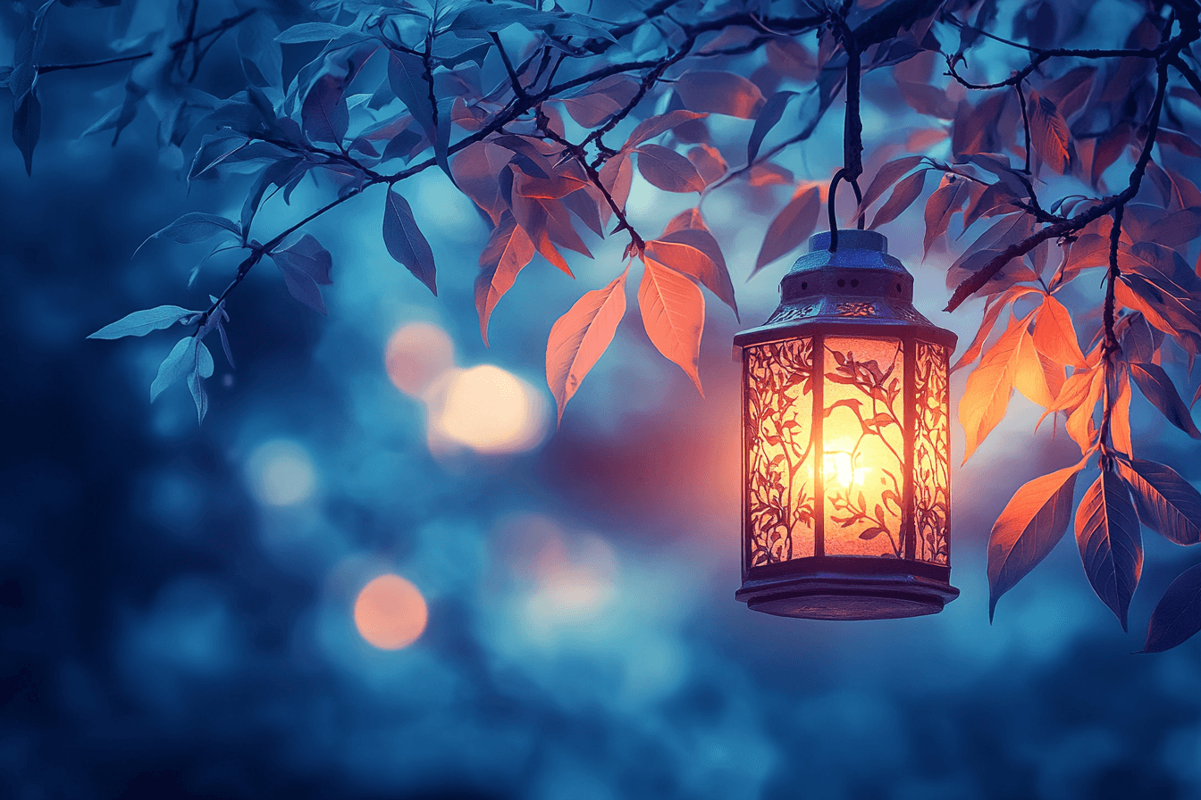 A glowing lantern hangs from a tree branch, illuminating the space below with soft light.