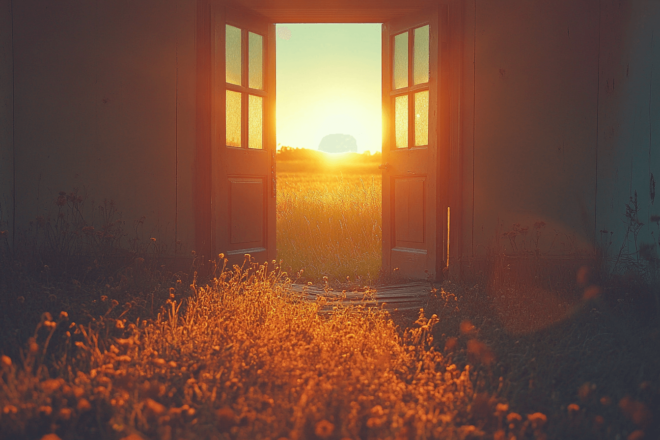 A door stands open, revealing a sunny field of lush grass and blooming flowers, inviting nature inside.