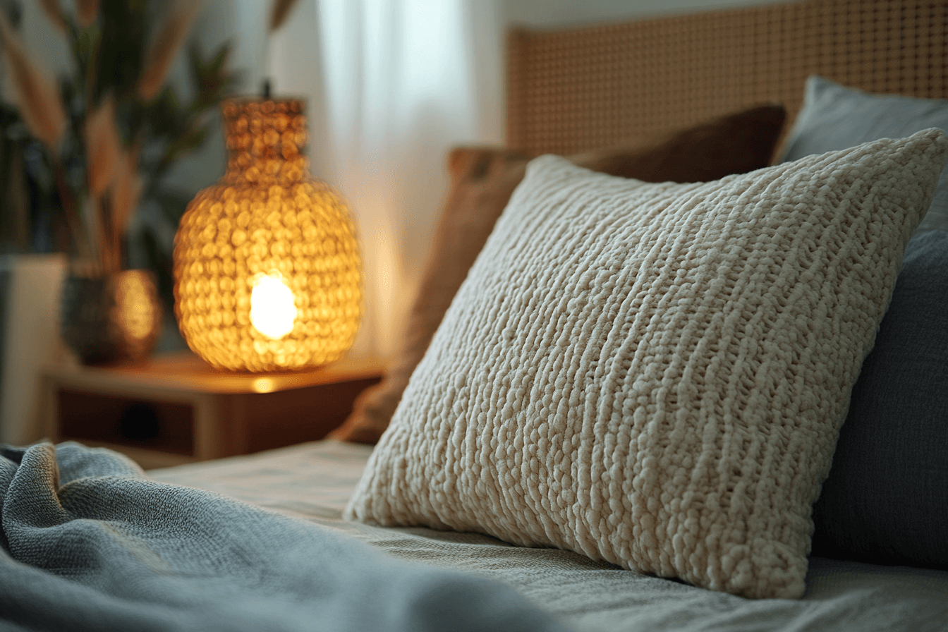 A cozy bed with fluffy pillows and a stylish lamp resting on the bedside table.