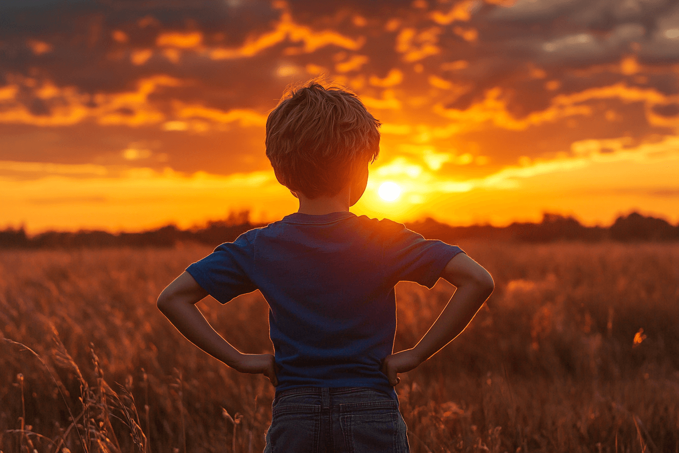 A young boy in a field during sunset, with warm colors painting the sky behind him.