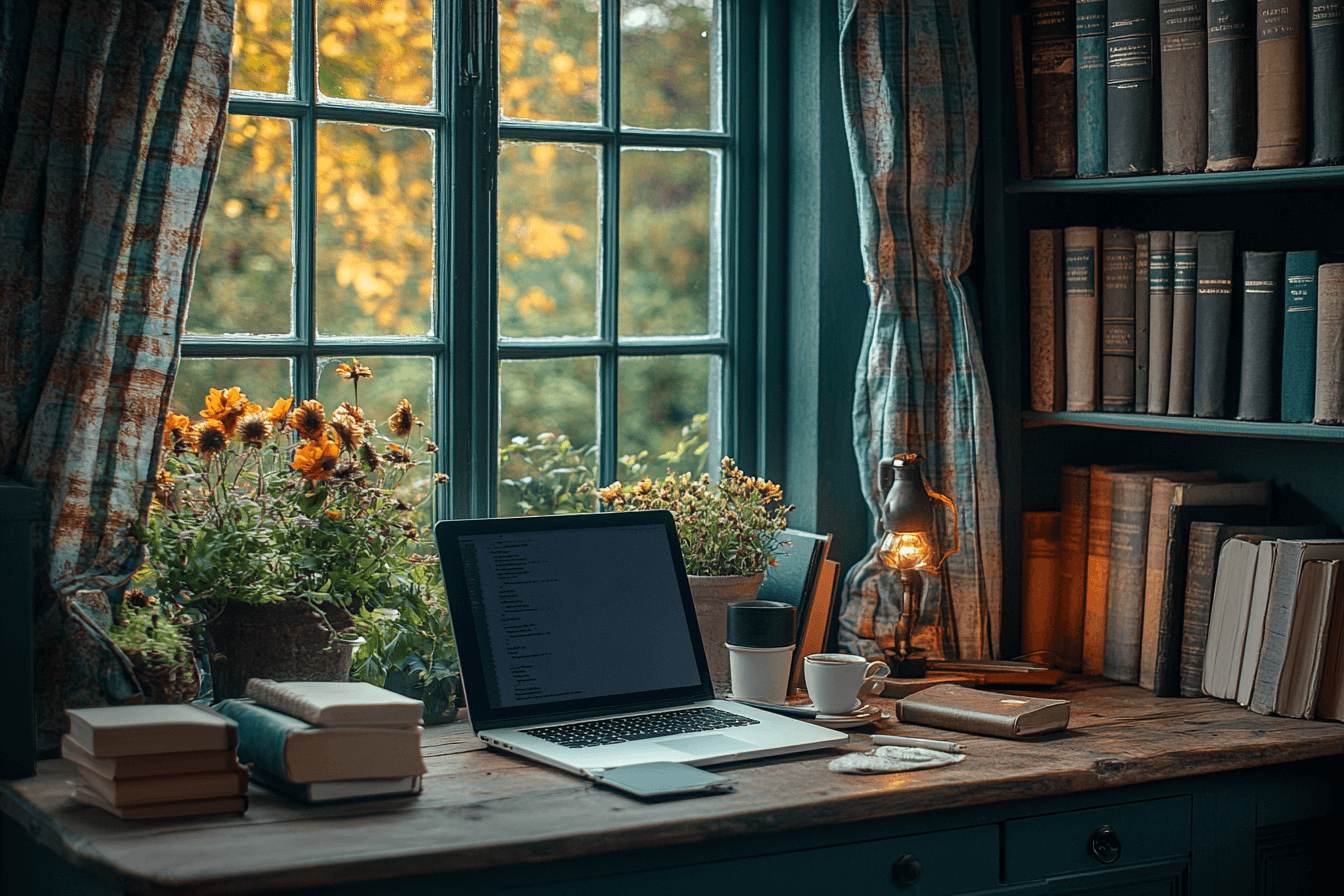 A laptop on a desk in front of a bright window, creating a cozy workspace atmosphere.